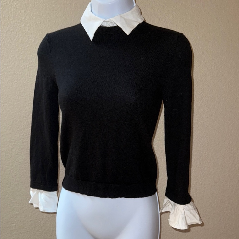 Alice + Olivia Black/White Wool Blend Crew Neck Sweater Removable Accents Sz XS